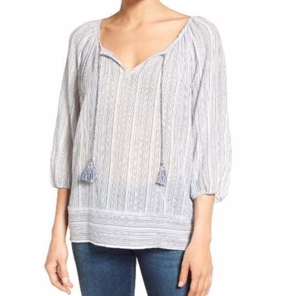 Caslon Print Cotton Tie Neck Peasant Blouse Top - Picture 1 of 7